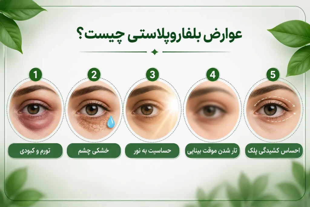 عوارض شایع بلفاروپلاستی شامل تورم و کبودی، خشکی چشم، حساسیت به نور و تاری موقت بینایی