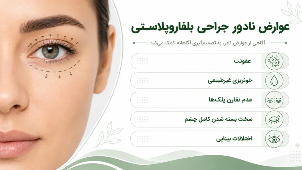 عوارض نادر جراحی بلفاروپلاستی شامل عفونت، خونریزی غیرطبیعی، عدم تقارن پلک و اختلالات بینایی